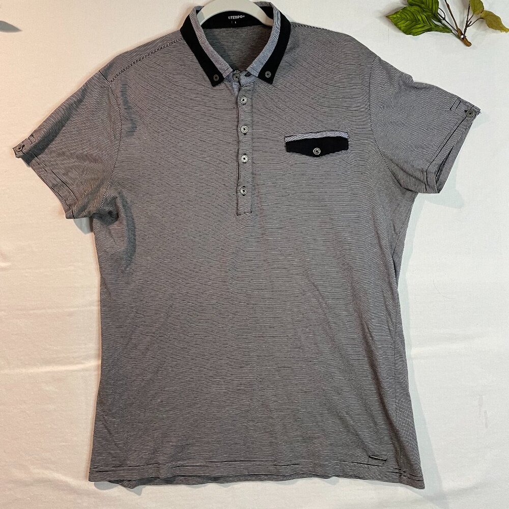 Tempo Men's L Polo Shirt Navy Blue Striped Short Sleeves Casual